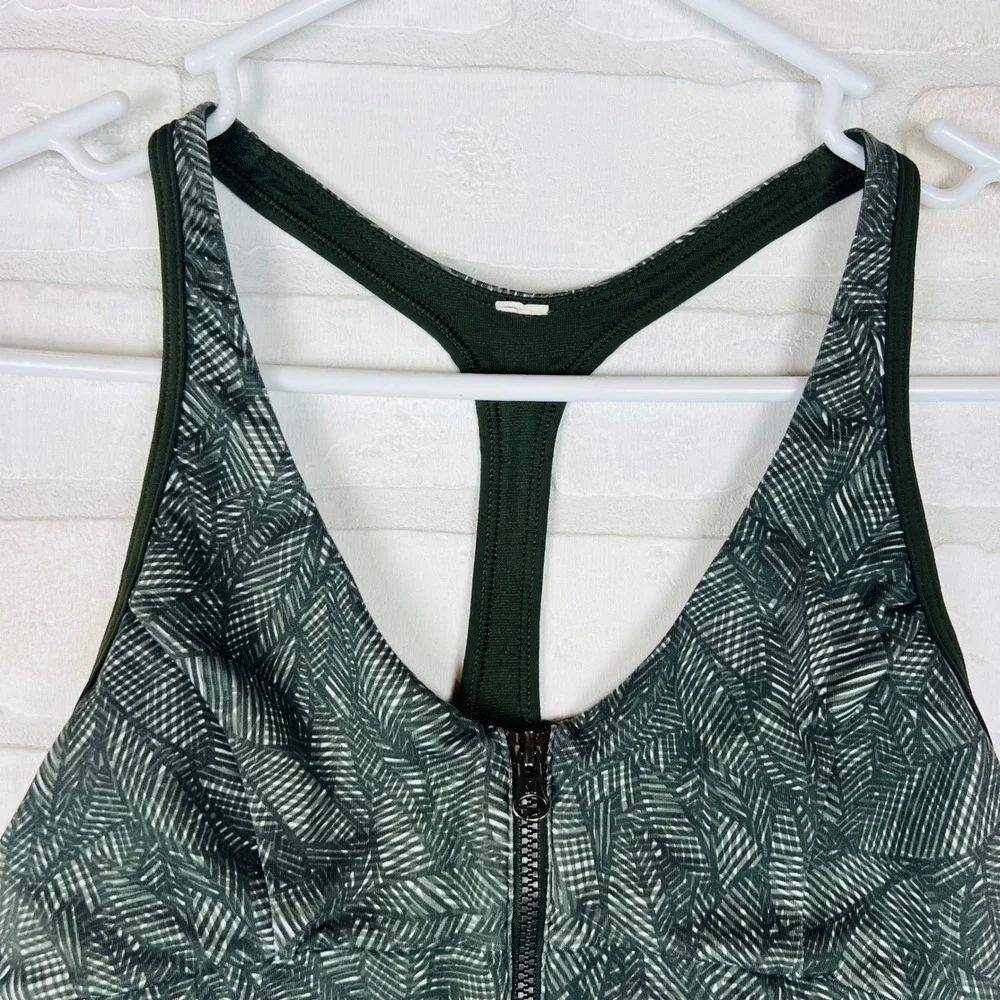 Lululemon Front Zip Racerback Sports Bra Green Geometric Palm Leaf Print Size 4